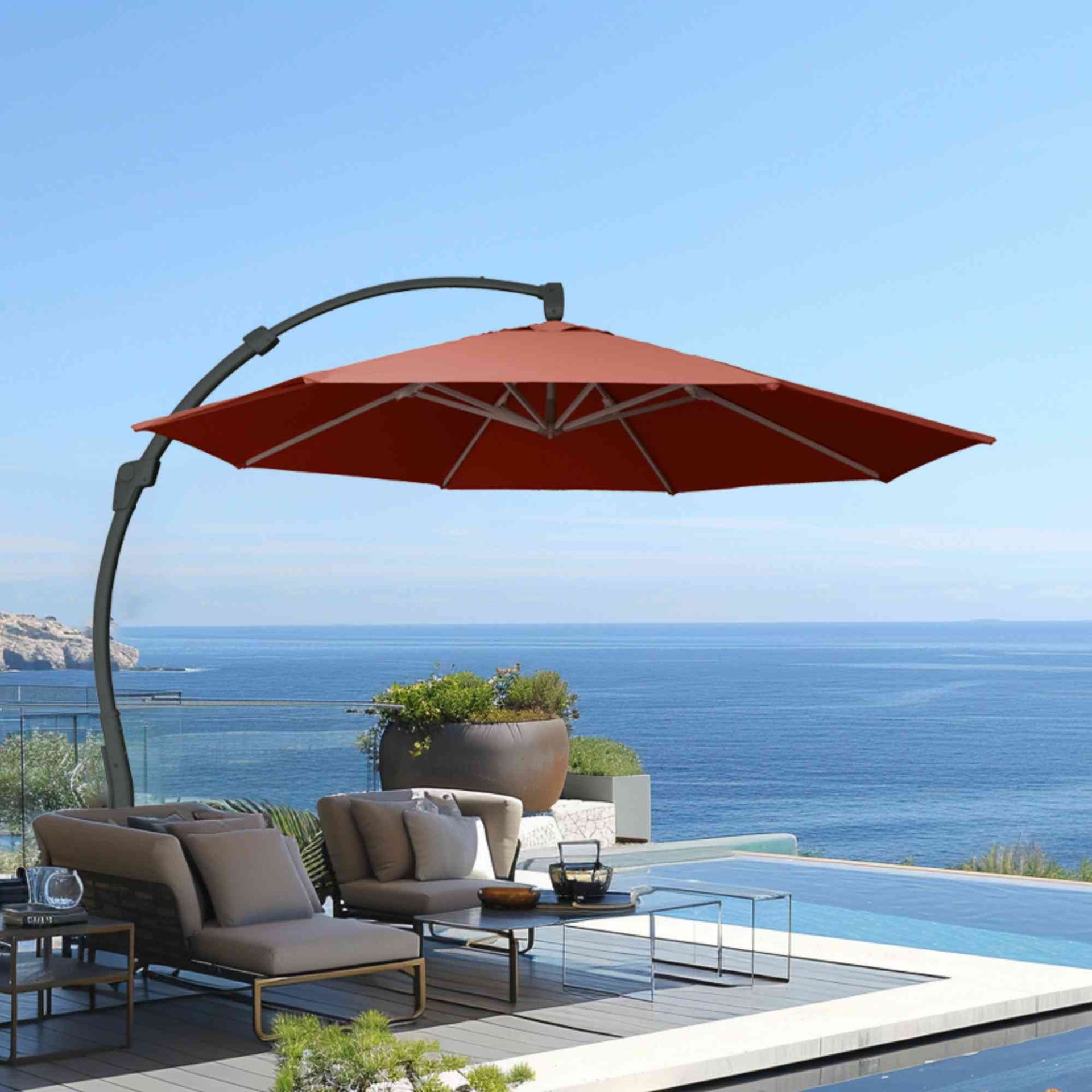 7.5 patio umbrella terra cotta Garden Eucalyptus premium solution dyed acrylic Sunbrella fabric provides UV and water resistant shade beneath its 7.5 MASTERCANOPY 7.5ft Patio Umbrella with