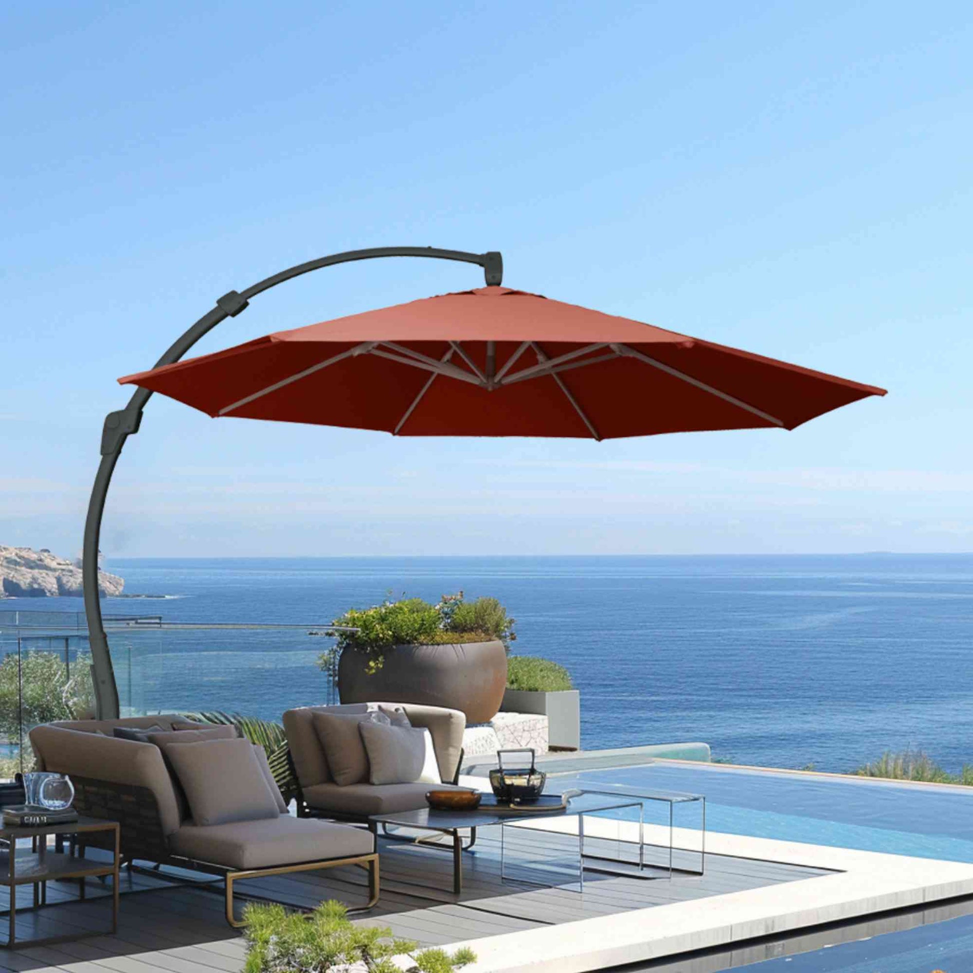 Panama Jack 11.5 Ft Cantilever Sunbrella Terracotta 360 Umbrella w/Mov – Tropical At Home